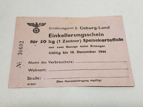 Original WWII German Potato Storage Certificate Coburg 1944 50kg