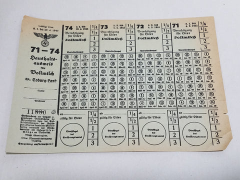 Original WWII German Ration Card Coburg 1945 Milk 71-74