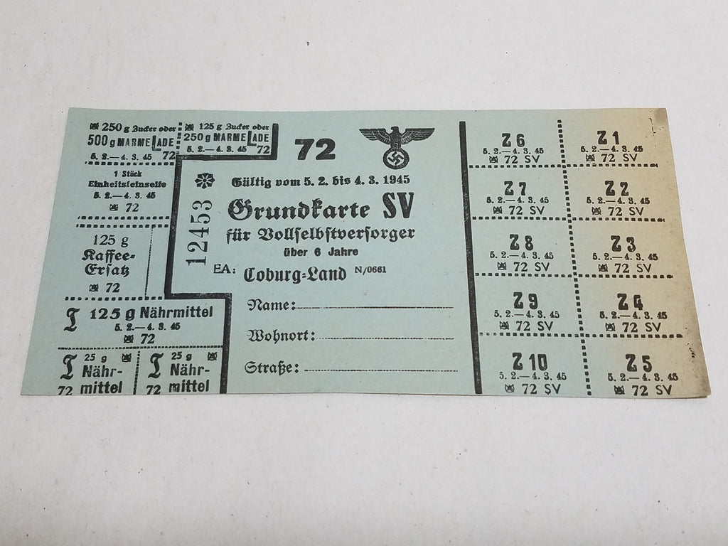 WWII German Ration Card Coburg 1945 SV Marmelade, Kaffee, Seife, Food