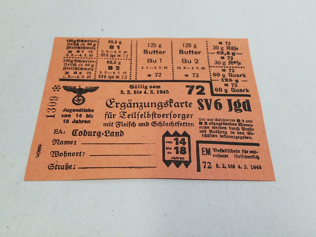 WWII German Ration Card For Meat & Dairy Coburg 1945 SV6